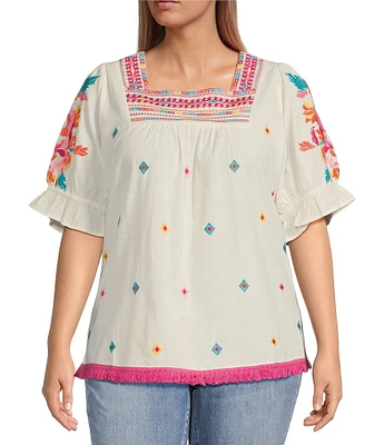 Calessa Plus Size Embroidered Square Neck Short Puff Sleeve Tassel Hem Detail Tunic