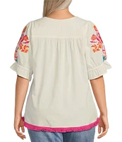 Calessa Plus Size Embroidered Square Neck Short Puff Sleeve Tassel Hem Detail Tunic