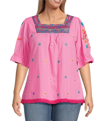 Calessa Plus Size Embroidered Square Neck Short Sleeve Top