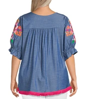 Calessa Plus Size Embroidered Square Neck Short Sleeve Tunic