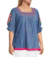 Calessa Plus Size Embroidered Square Neck Short Sleeve Tunic