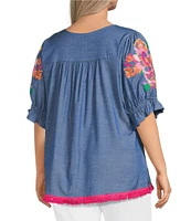 Calessa Plus Size Embroidered Square Neck Short Sleeve Tunic