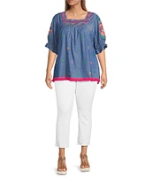 Calessa Plus Size Embroidered Square Neck Short Sleeve Tunic