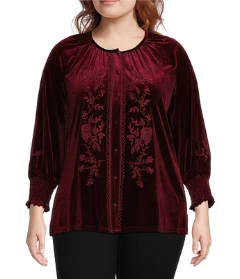 Calessa Plus Size Embroidered Stretch Velvet Crew Neck Long Sleeve Tunic