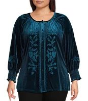 Calessa Plus Size Embroidered Stretch Velvet Crew Neck Long Sleeve Tunic