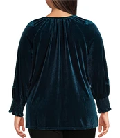 Calessa Plus Size Embroidered Stretch Velvet Crew Neck Long Sleeve Tunic