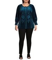 Calessa Plus Size Embroidered Stretch Velvet Crew Neck Long Sleeve Tunic