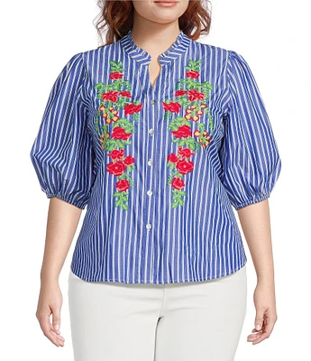 Calessa Plus Size Embroidered Stripe High Ruffle Split V-Neck Elbow Sleeve Button Front Tunic