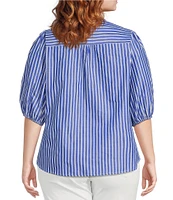 Calessa Plus Size Embroidered Stripe High Ruffle Split V-Neck Elbow Sleeve Button Front Tunic