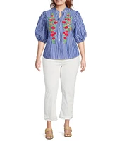 Calessa Plus Size Embroidered Stripe High Ruffle Split V-Neck Elbow Sleeve Button Front Tunic