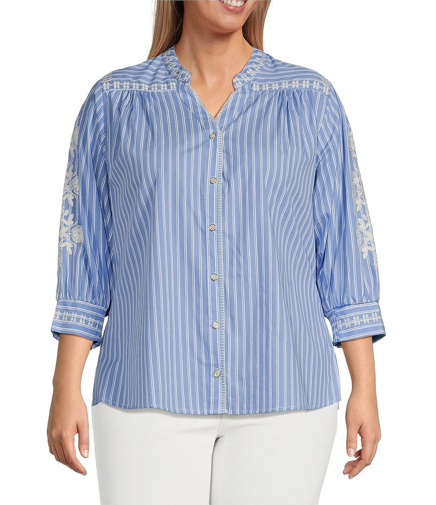 Calessa Plus Size Embroidered Stripe Split V-Neck 3/4 Sleeve Button Front Shirt