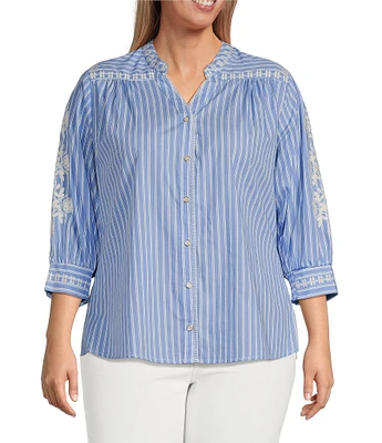 Calessa Plus Size Embroidered Stripe Split V-Neck 3/4 Sleeve Button Front Shirt