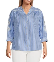 Calessa Plus Size Embroidered Stripe Split V-Neck 3/4 Sleeve Button Front Shirt