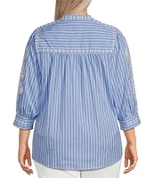 Calessa Plus Size Embroidered Stripe Split V-Neck 3/4 Sleeve Button Front Shirt