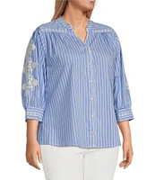 Calessa Plus Size Embroidered Stripe Split V-Neck 3/4 Sleeve Button Front Shirt
