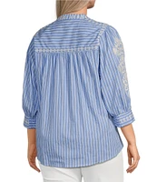 Calessa Plus Size Embroidered Stripe Split V-Neck 3/4 Sleeve Button Front Shirt