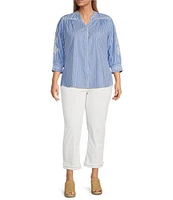 Calessa Plus Size Embroidered Stripe Split V-Neck 3/4 Sleeve Button Front Shirt