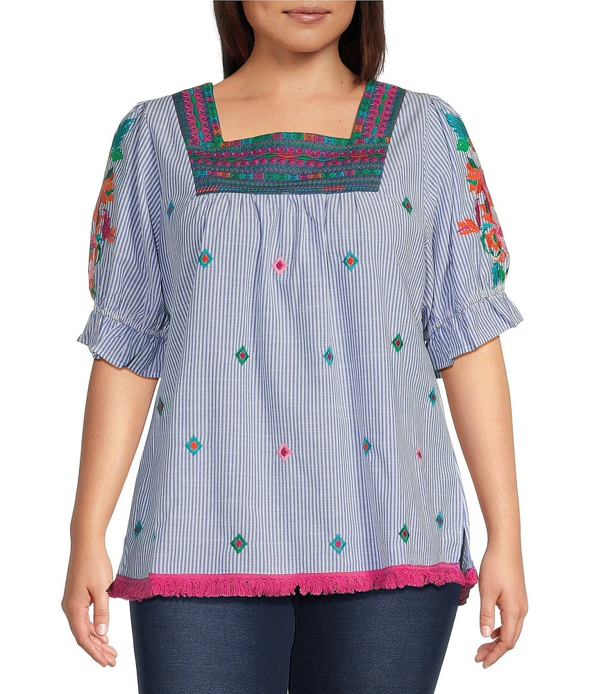 Calessa Plus Size Embroidered Stripe Square Neck Short Puff Sleeve Tunic