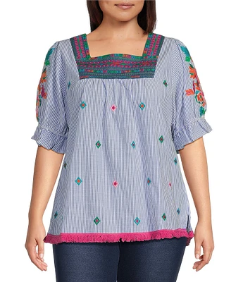 Calessa Plus Size Embroidered Stripe Square Neck Short Puff Sleeve Tunic