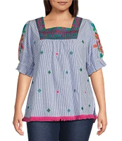 Calessa Plus Size Embroidered Stripe Square Neck Short Puff Sleeve Tunic