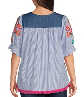 Calessa Plus Size Embroidered Stripe Square Neck Short Puff Sleeve Tunic