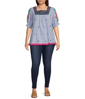 Calessa Plus Size Embroidered Stripe Square Neck Short Puff Sleeve Tunic