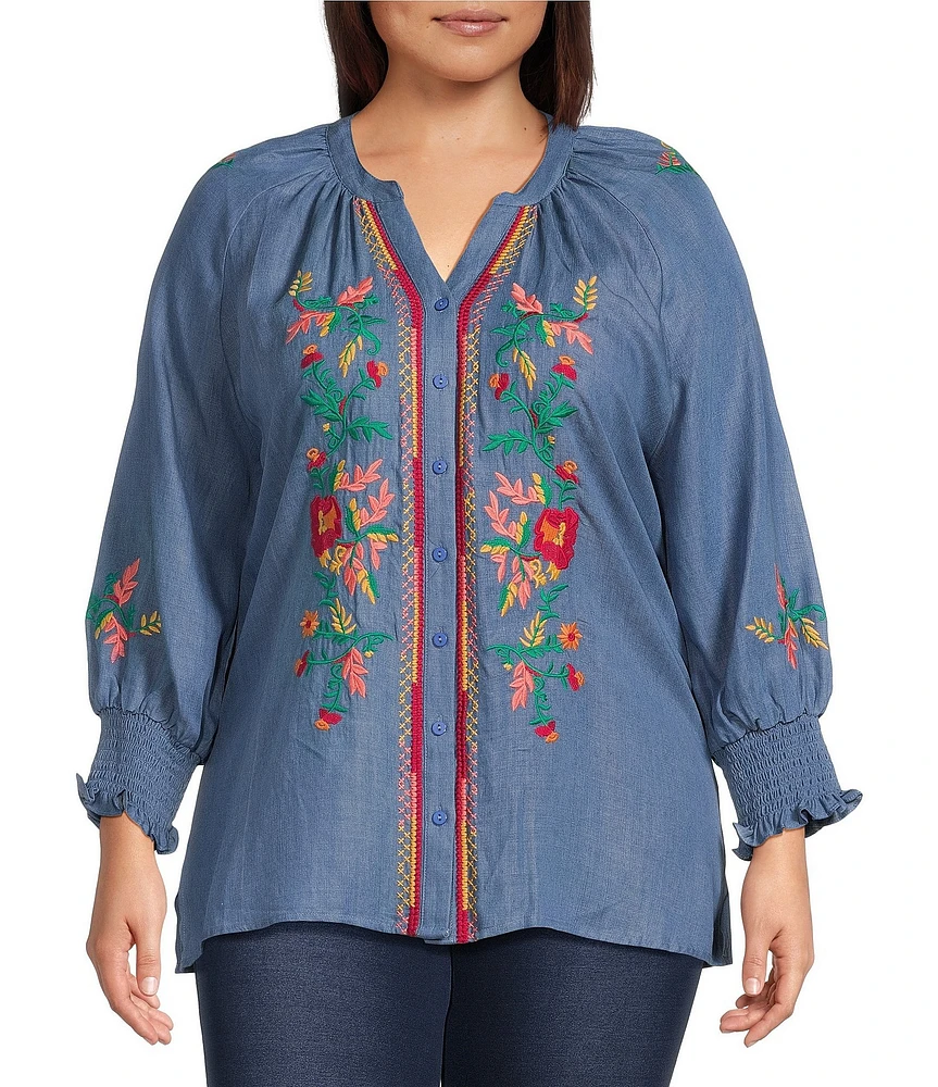 Calessa Plus Size Embroidered Tencel Split Neck 3/4 Sleeve Button Front Tunic
