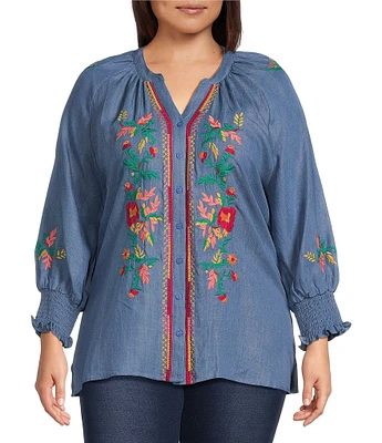 Calessa Plus Size Embroidered Tencel Split Neck 3/4 Sleeve Button Front Tunic