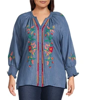 Calessa Plus Size Embroidered Tencel Split Neck 3/4 Sleeve Button Front Tunic