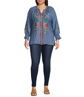 Calessa Plus Size Embroidered Tencel Split Neck 3/4 Sleeve Button Front Tunic