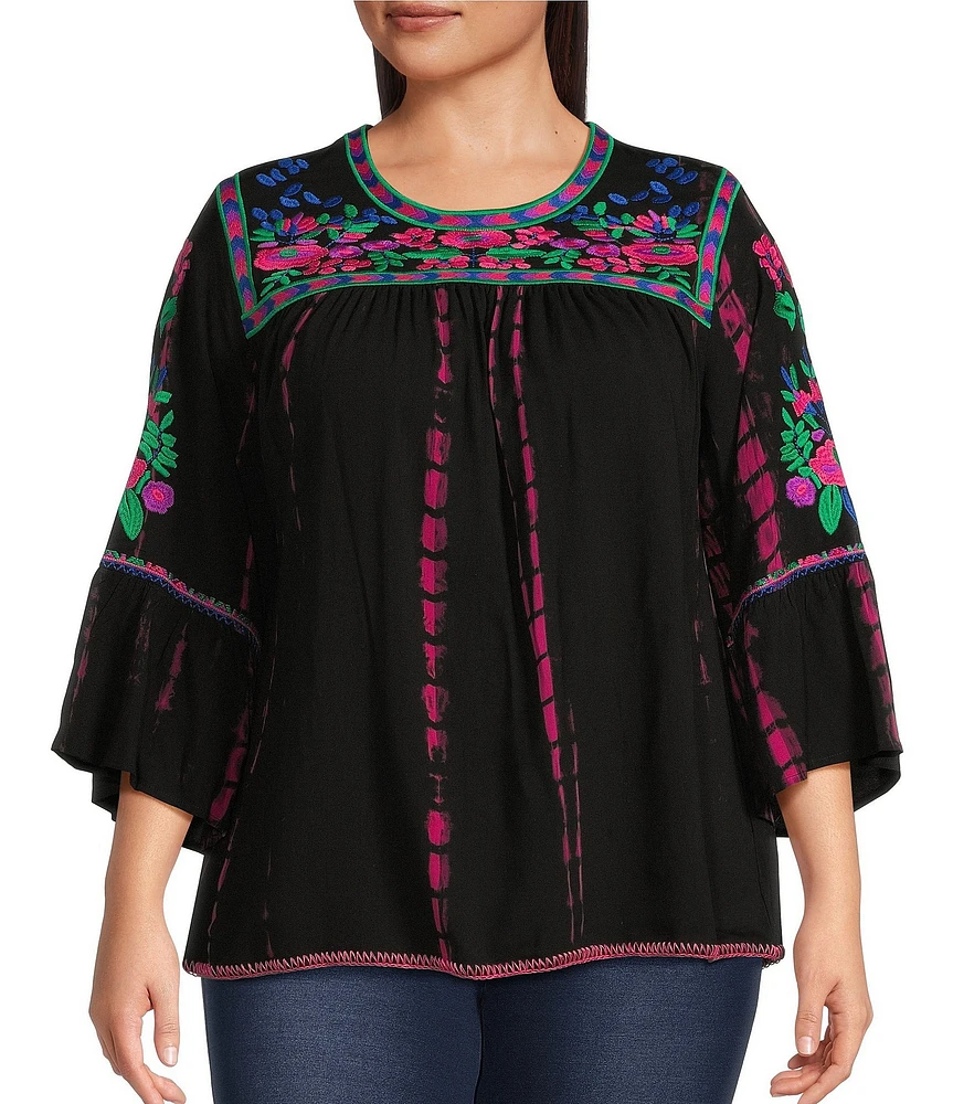 Calessa Plus Size Embroidered Tie-Dye Patchwork Print Crew Neck 3/4 Sleeve Tunic