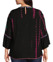 Calessa Plus Size Embroidered Tie-Dye Patchwork Print Crew Neck 3/4 Sleeve Tunic