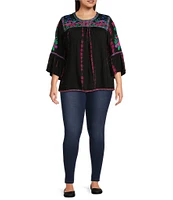 Calessa Plus Size Embroidered Tie-Dye Patchwork Print Crew Neck 3/4 Sleeve Tunic