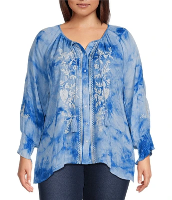 Calessa Plus Size Embroidered Tie Dye Split V-Neck 3/4 Sleeve Tunic