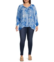 Calessa Plus Size Embroidered Tie Dye Split V-Neck 3/4 Sleeve Tunic