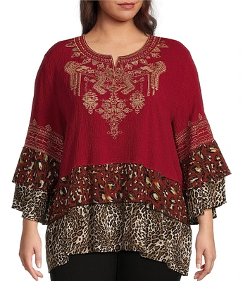 Calessa Plus Size Embroidered Tiered Patchwork Print Split Round Neck 3/4 Sleeve Tunic