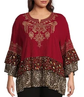 Calessa Plus Size Embroidered Tiered Patchwork Print Split Round Neck 3/4 Sleeve Tunic