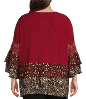 Calessa Plus Size Embroidered Tiered Patchwork Print Split Round Neck 3/4 Sleeve Tunic