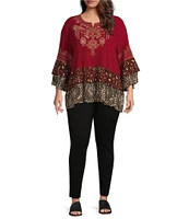 Calessa Plus Size Embroidered Tiered Patchwork Print Split Round Neck 3/4 Sleeve Tunic