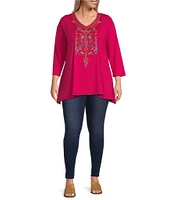 Calessa Plus Size Embroidered V Neckline 3/4 Sleeve Top