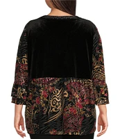 Calessa Plus Size Embroidered Velvet Floral Split Neck 3/4 Sleeve Tunic