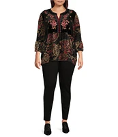 Calessa Plus Size Embroidered Velvet Floral Split Neck 3/4 Sleeve Tunic