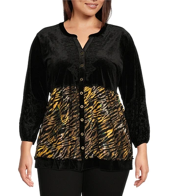 Calessa Plus Size Embroidered Velvet Tiered Patchwork Print Split V-Neck 3/4 Sleeve Tunic