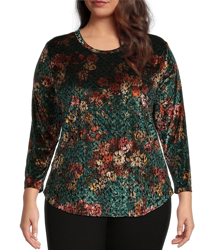 Calessa Plus Size Floral Burnout Velvet Crew Neck Long Sleeve Tunic