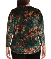 Calessa Plus Size Floral Burnout Velvet Crew Neck Long Sleeve Tunic