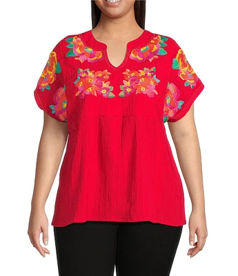 Calessa Plus Size Floral Embroidered Crinkle Split V-Neck Short Sleeve Top