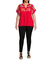 Calessa Plus Size Floral Embroidered Crinkle Split V-Neck Short Sleeve Top