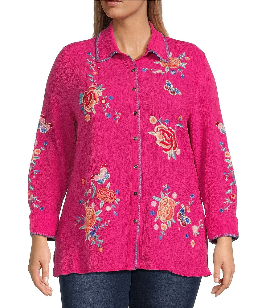 Calessa Plus Size Floral Embroidered Point Collar Long Sleeve Button Front Tunic