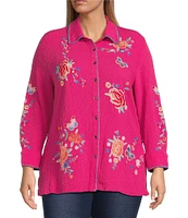 Calessa Plus Size Floral Embroidered Point Collar Long Sleeve Button Front Tunic