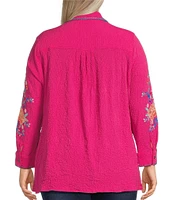 Calessa Plus Size Floral Embroidered Point Collar Long Sleeve Button Front Tunic
